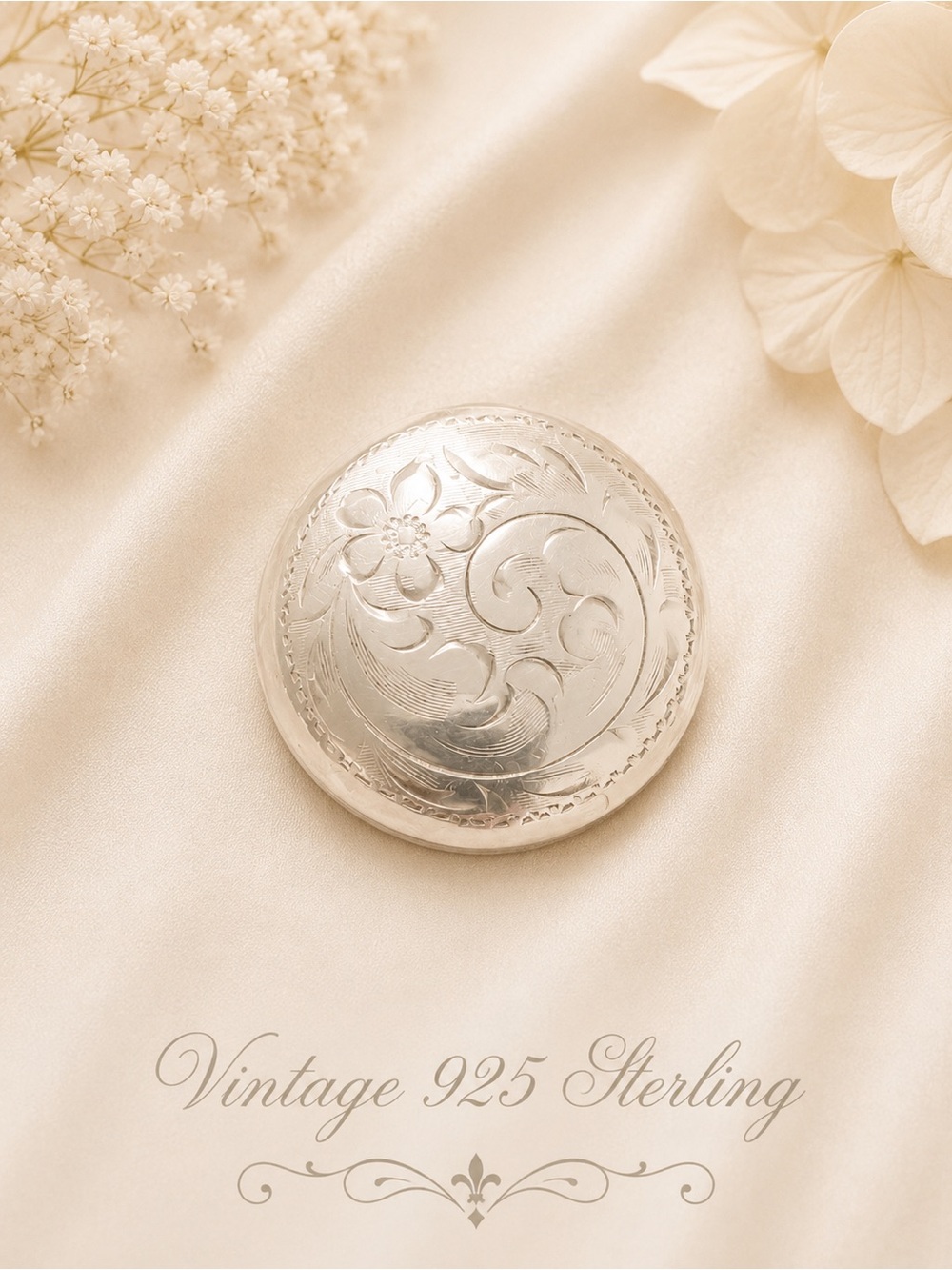 🆕 VINTAGE COLLECTION Engraved Sterling Silver Round Pin- Floral Motif